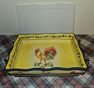 Temp-Tations Yellow Ceramic Rooster Rectangular Bakeware